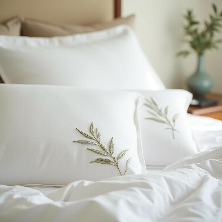 Parure de lit en lin brodé à la main, motif feuille d'olivier.