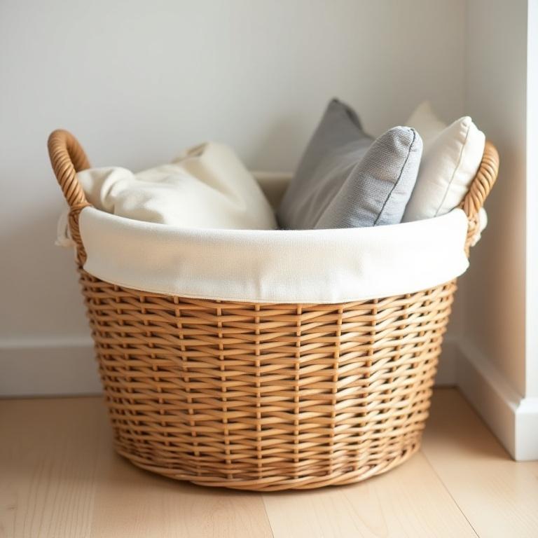 Panier de rangement en osier tressé avec doublure en tissu, style bohème.